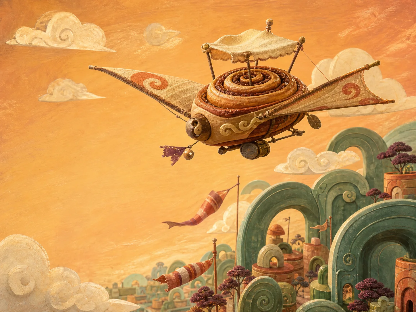 Cinnamon Bun Drop artwork with an orange bakery airship in the clouds